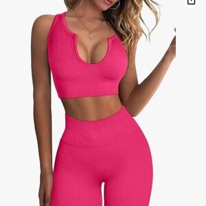 QINSEN Workout Outfits 2 Pc Ribbed Seamless Crop Tank High Waist Yoga Leggings